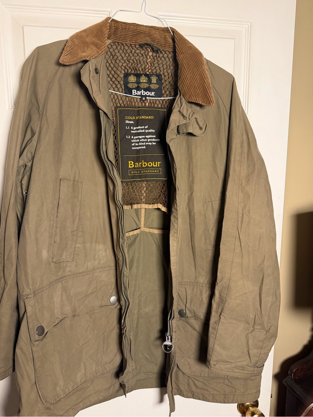 Barbour Olive/Brown Waxed Cotton Jacket with Corduroy Collar